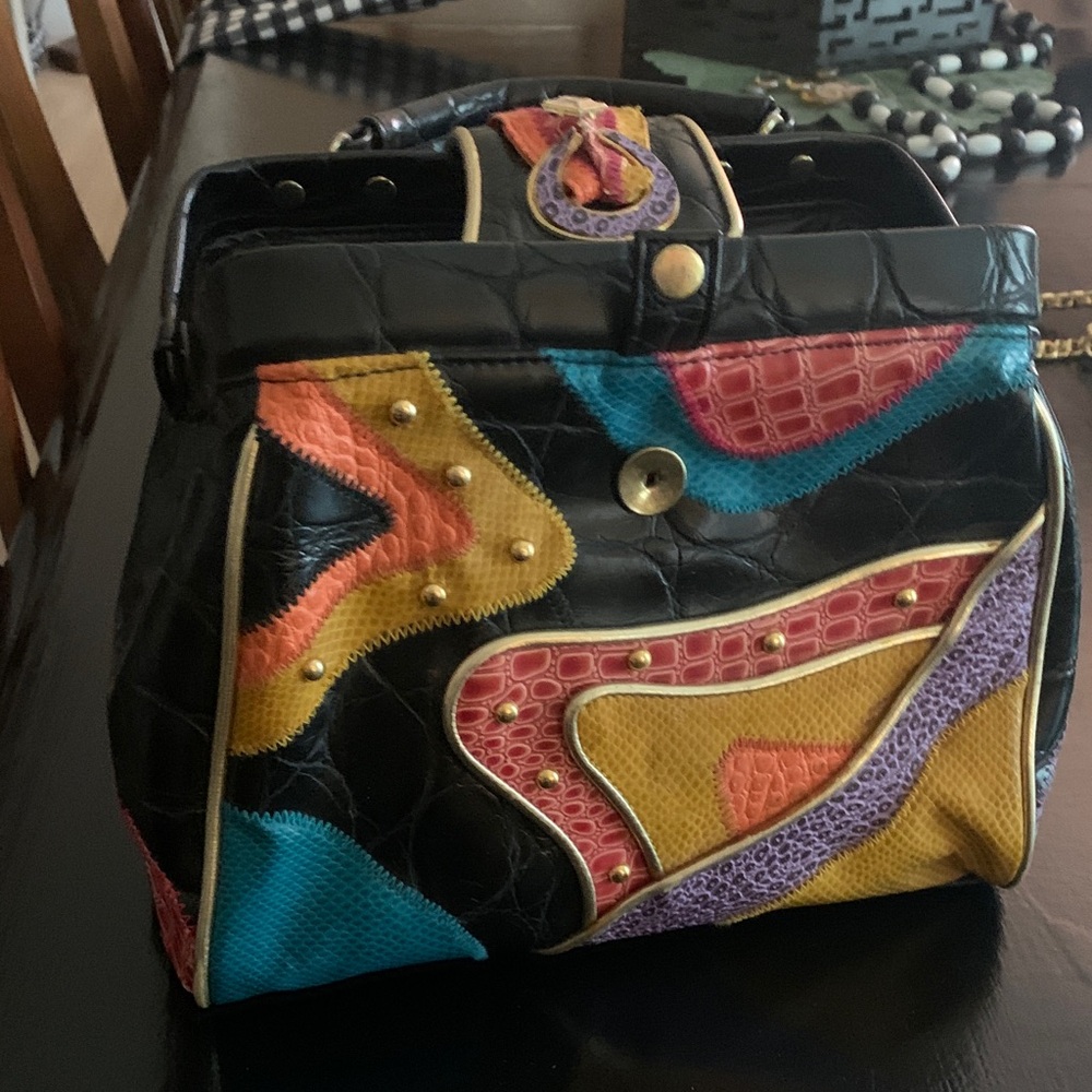 Black Multi-Color Patchwork Leather Satchel - Des… - image 5